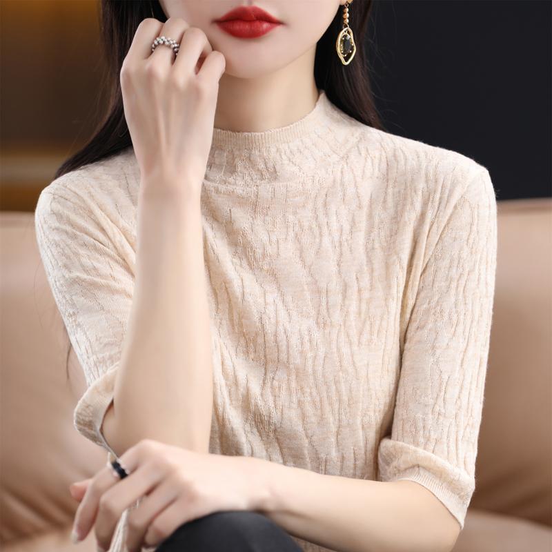 Women Knit T-shirt Summer Knitted Shirt Short Sleeve Tees Spring Pullover Knit Tops