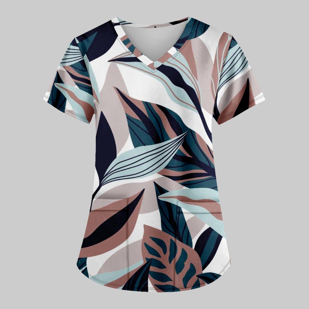 Women's Fashion Printed Work Uniform With Pocket T-Shirt Short Sleeve Top