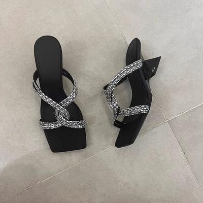 Fashion 2025 New Straightened Sandals Slim Heel Sandals Summer Twisted with Diamonds Square Toe High Heels Worn On The Outside