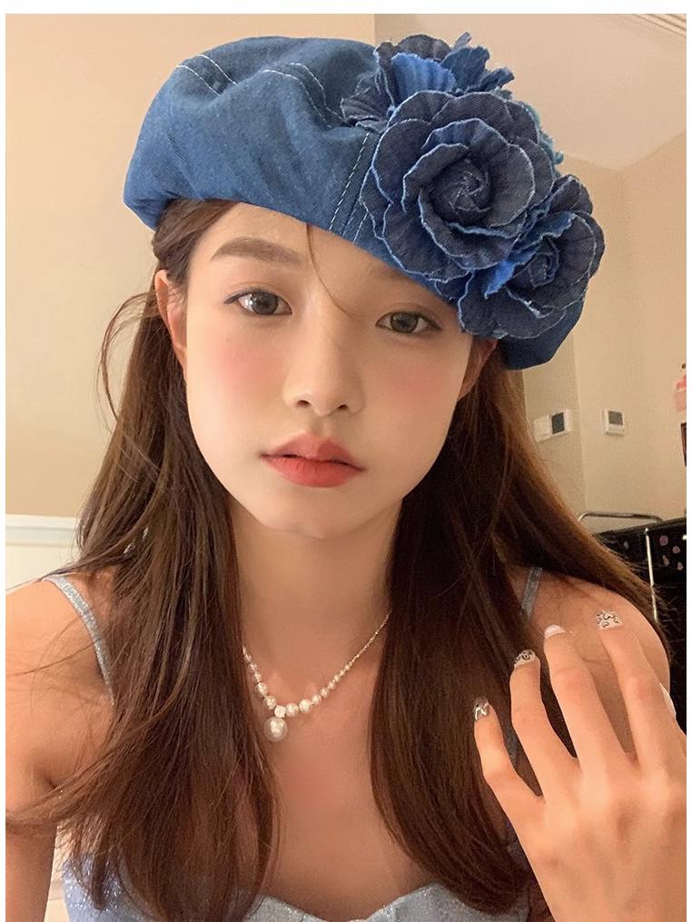 Dámský trendy barevný květinový džínový baret – Módní klobouk zeštíhlující obličej na podzim/zimu