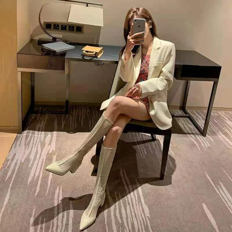 Fashion Cool Mesh Boots Women's Summer Stovepipe Season  2025 Thick Heel Mesh Boots Pointed Mid-heel Mesh High Boots Long Sandals