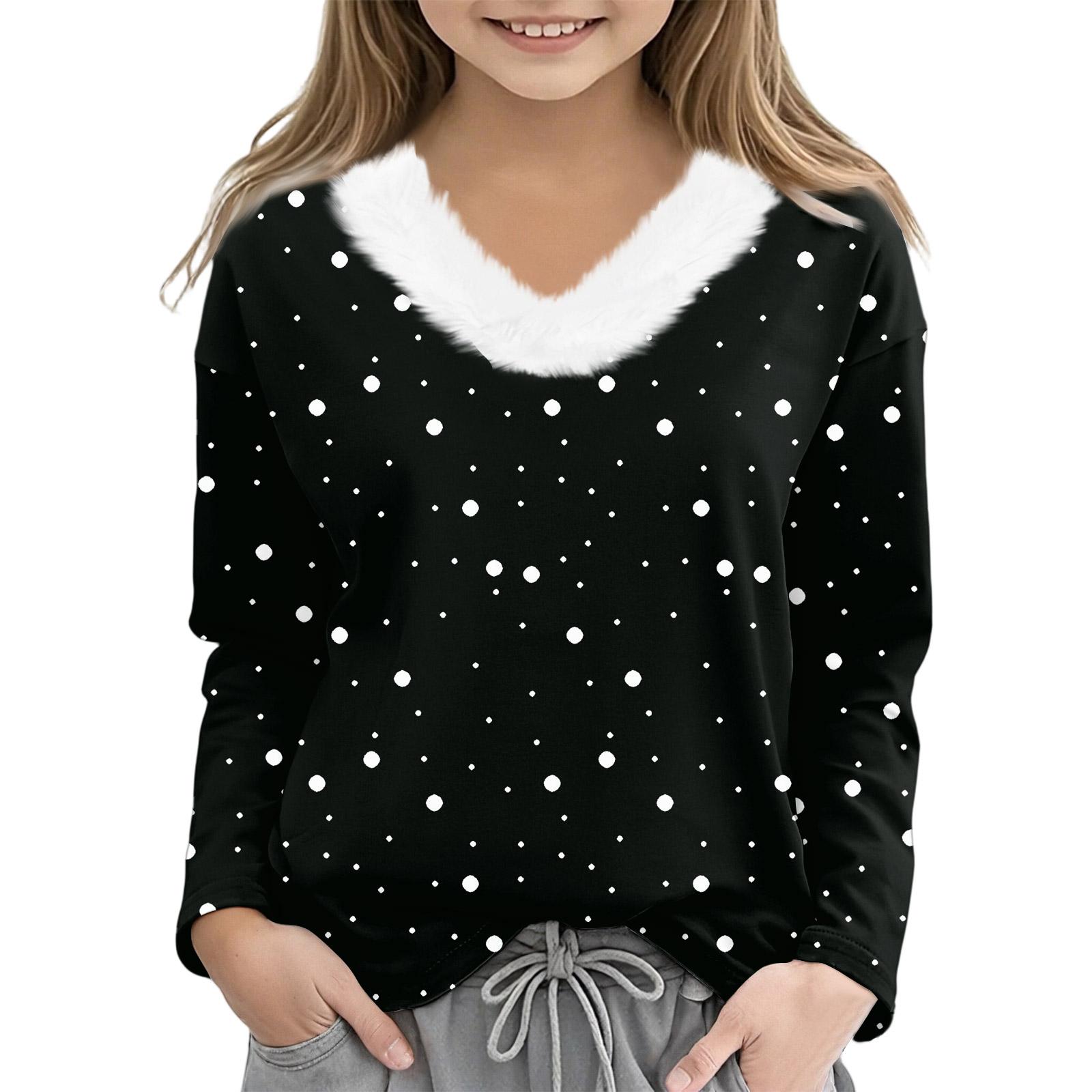 

Рождественские футболки с длинным рукавом для девочек, детская футболка с V-образным вырезом, рождественский принт, топ с длинным рукавом 130 чёрный