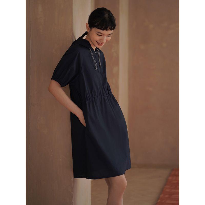 

Miss Haitou Late Night Post Office Loose Straight Washed 100 Cotton Waist Hugging Drawstring Slimming Hood Casual Dress Colin navy blue S