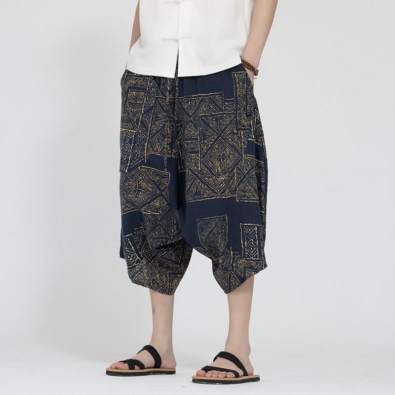 Chinese style men's summer new printed large pants beach pants large size trend loose zen seven-point Harlan pants