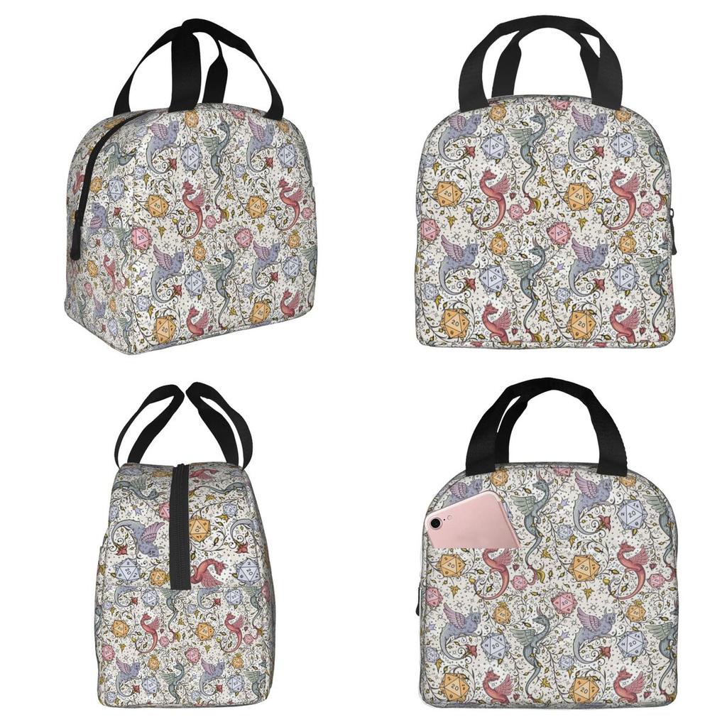 Medieval Dragon And D20 Dice Dnd Pattern Insulated Lunch Bag for Kids School Cooler Thermal Food Box Tote Lunch Boxes Container