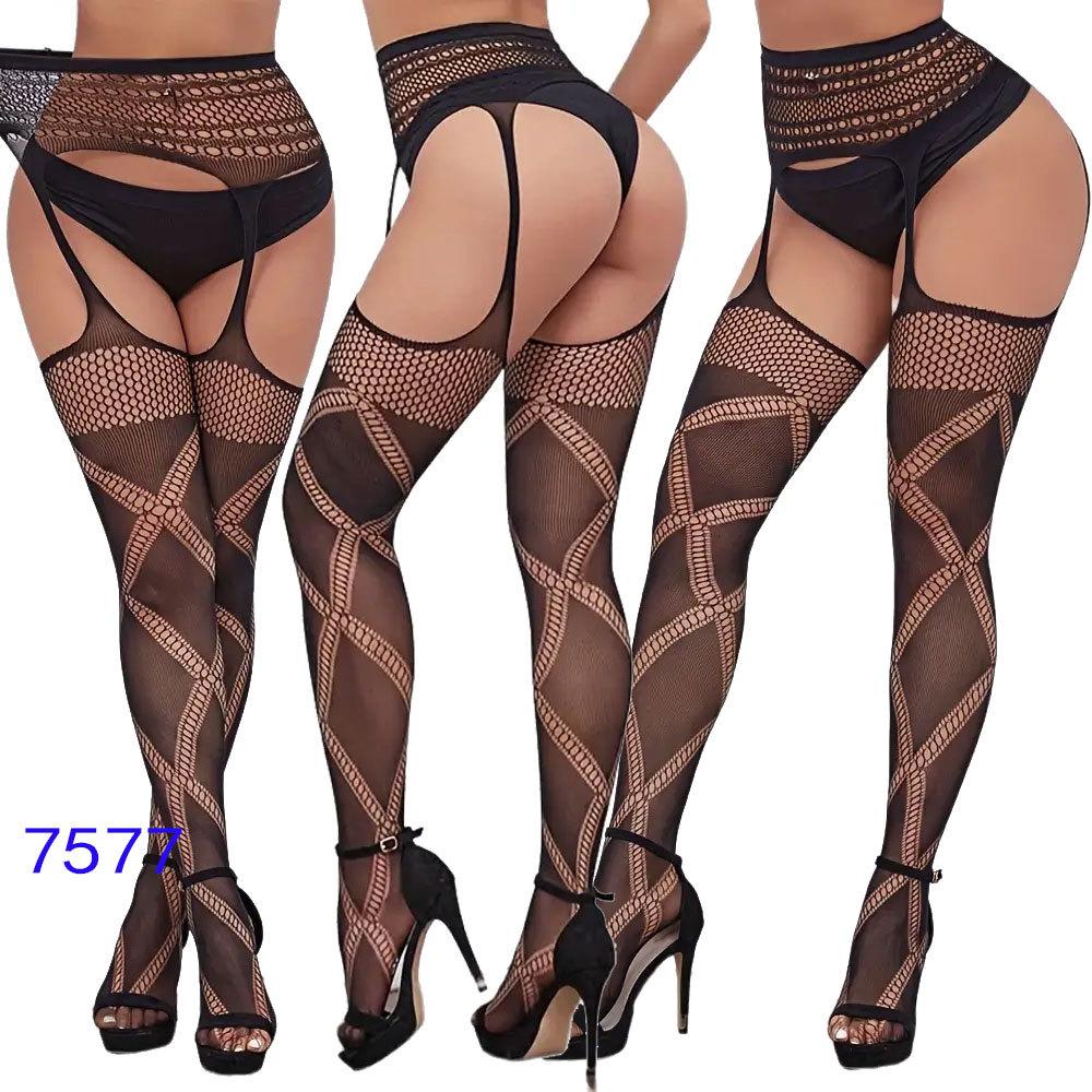 New style open crotch lace transparent suspender black silk sexy fishnet stockings non-slip one-piece suspender belt for women