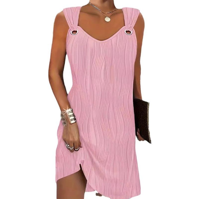 

Однотонное платье в волнистую полоску, повседневное мини-платье без рукавов с V-образным вырезом, женская одежда 2XL розовый