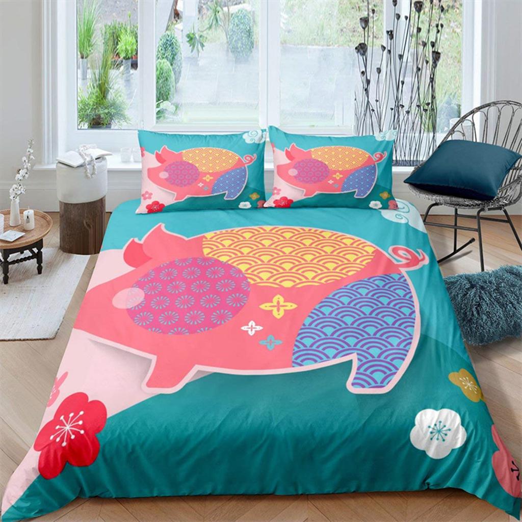 Cartoon Cute Pink Pig Duvet Cover for Children Boys Girls Microfiber Pigs Floral Cartoon Farm Animals Theme Bedroom Decorations