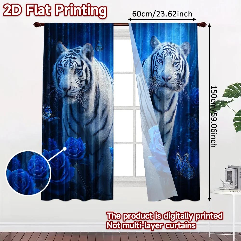 Flat Printing Window Drapes Mystic Tigers Roses Digital Printed Polyester Birthday Party Use Event Curtain Set Of 2 Made Washable