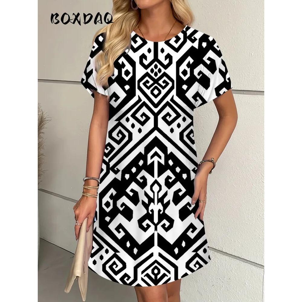 

Colorful Flowers Patterns Women Mini Dresses Summer Creative Retro Short Sleeve Casual Plus Size Comfortable Soft Dress S