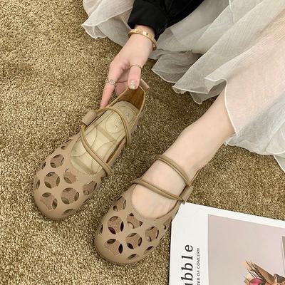 Leder-Mutterschuhe, hohle Einzelschuhe, Retro, weiche Unterseite, rutschfeste Arbeitsloch-Sandalen, flache Unterseite, Mary-Jane-Schuhe für Damen