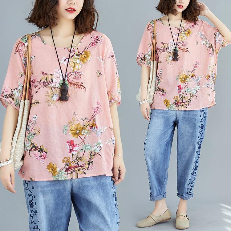 Vintage Printed O-Neck Half Sleeve Shirt Oversized Loose Commute Women's Clothing Summer Fashion Casual Blouse