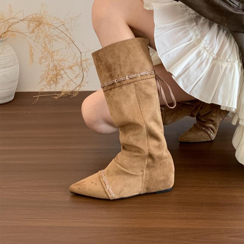 "Wasteland Spice Girls" Inner Heightening Western Cowboy Boots Women's Autumn and Winter Pile Boots Lace-up Skinny Knee Boots