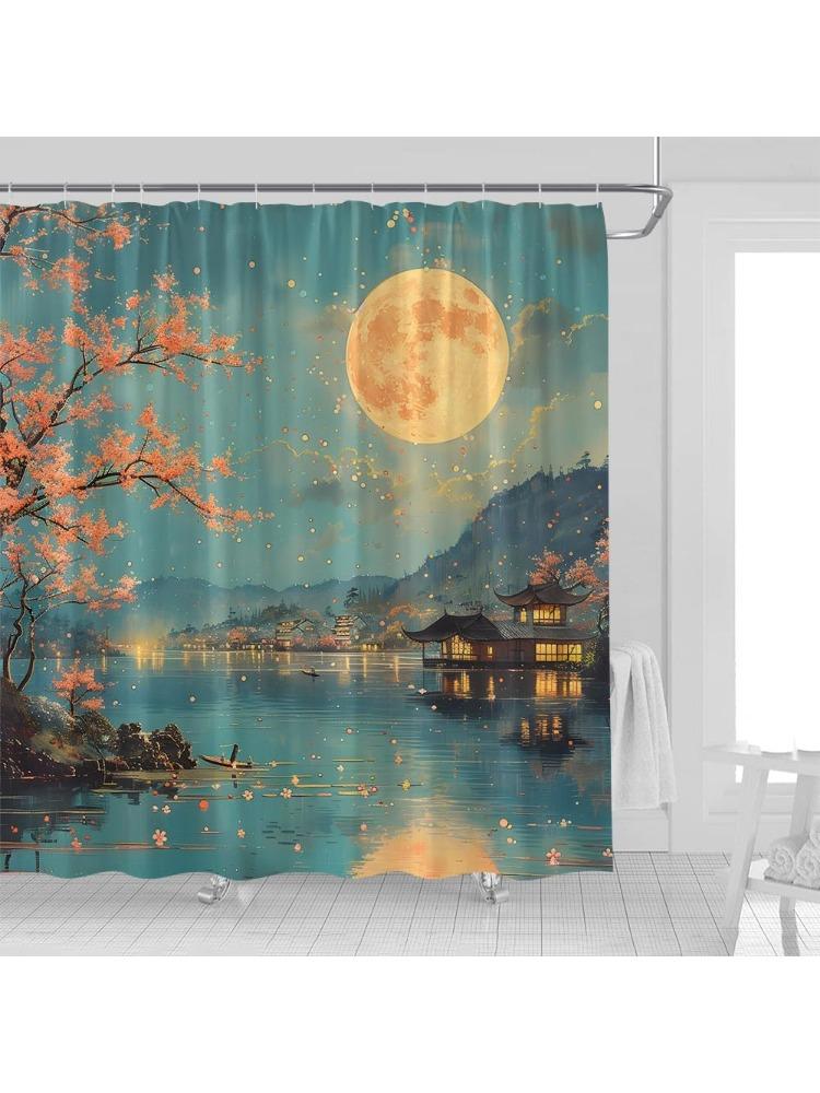 

Japanese Cherry Blossom Shower Curtain Full Moon Floral Lake Mountain Wonderland Starry Sky Rustic Asian Anime Watercolor W60H190(CM)-1 Pcs