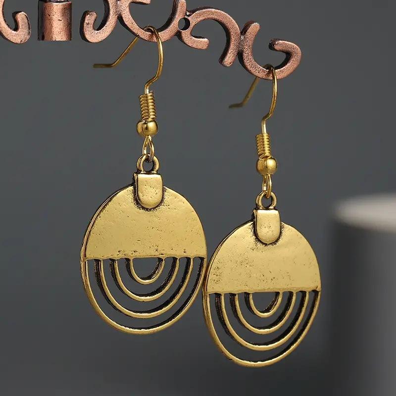 Ethnic Round Bronze Hollow Hook Earrings for Women Vintage Gold Color Metal Semicircle Handmade Personality Dangle Earrings