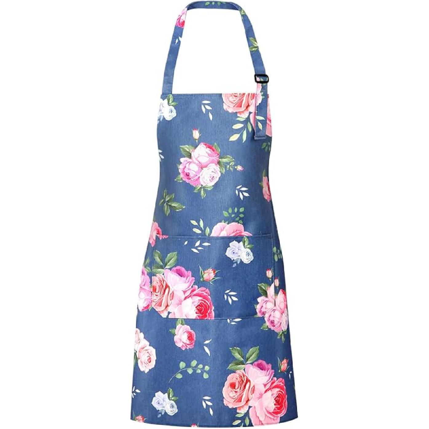 Floral Apron for Women with Pockets Cotton Canvas Waterproof Apron Cooking Baking Painting Gift
