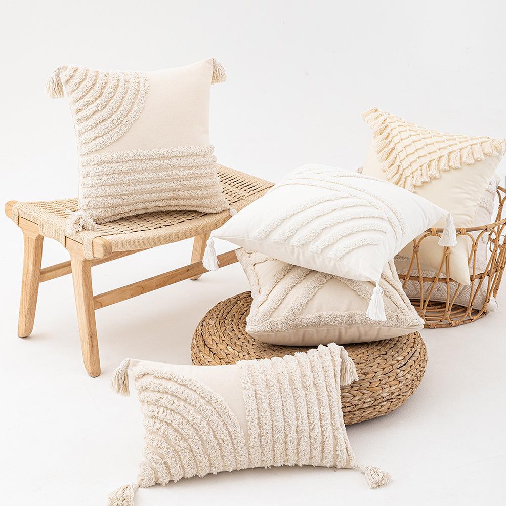

Wasabi Tufted Pillow Case Geometric Embroidered Tassel Sofa Cushion Case Bohemian Bathroom Windows Pillow 30 * 50cm without core
