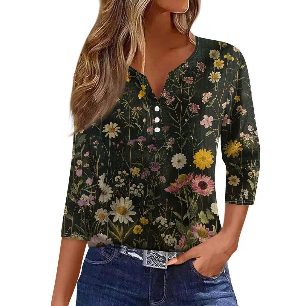 Women's T Shirt Tee Print Button 3/4 Sleeve Tunic Daily Weekend Fashion Basic V- Neck Regular Top