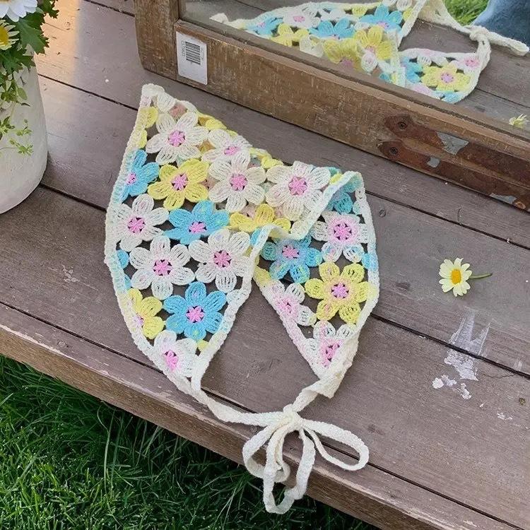 Triangle towel cute flower dopamine French retro headscarf spring and summer travel sweet literary knitting hollow straps