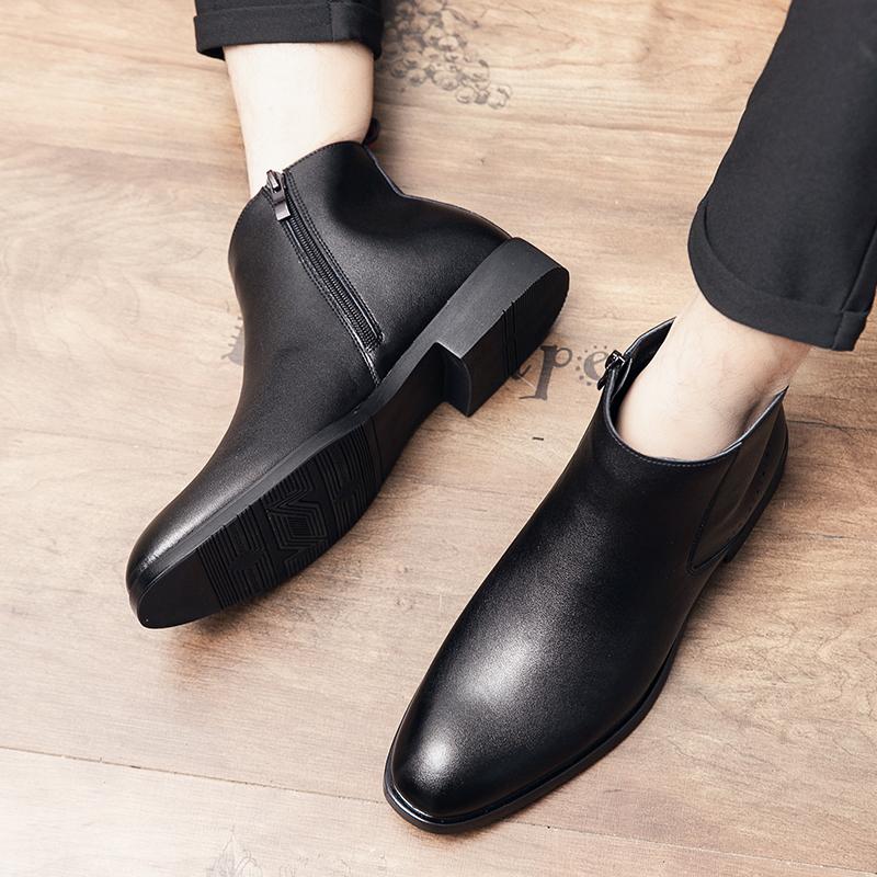 Fashion Winter Wine Red Men's Fashion Chelsea Boots Concise Genuine Leather Short Boots Classic Business ZIP Ankle Boots Black Shoes