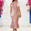 Women Plus Size V Neck Short Sleeve Printed Blue Fitted Fishtail Midi Dress