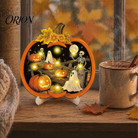 Dark Academia Room Decor Halloween Wooden Pumpkin Sign, LED Light Up Ghost Hanging Gothic Home Accessories Wall Sign for Indoor Outdoor Holiday Party