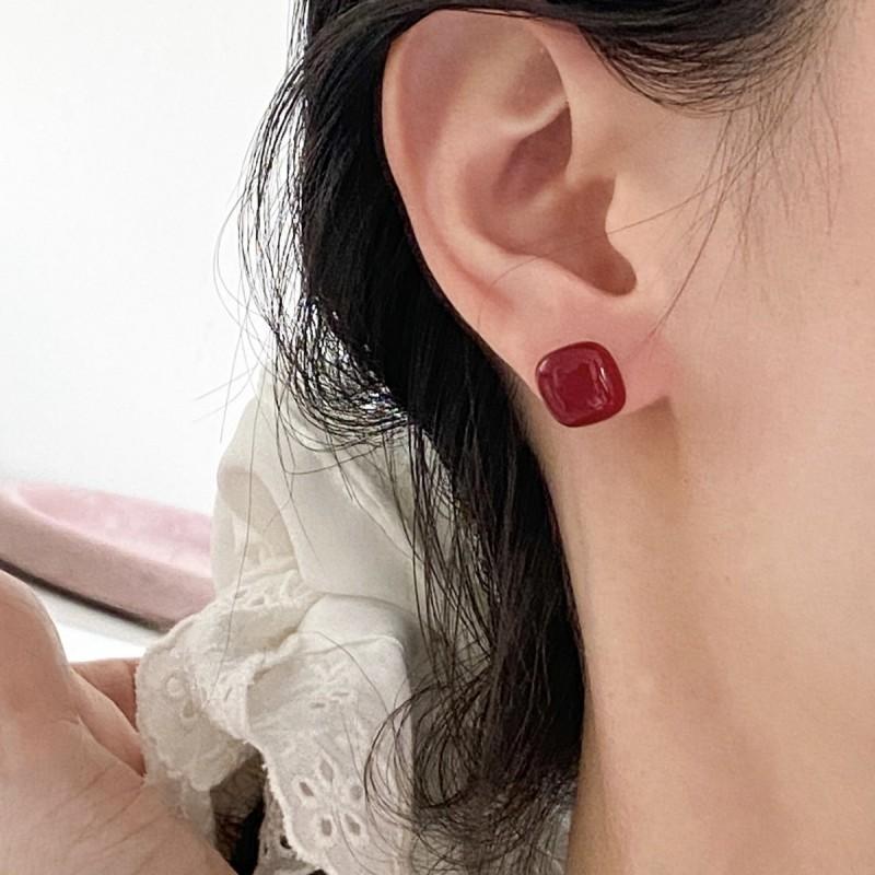 Wine Red Heart Square Round Stud Earrings Women Minimalist Winter Fashion Jewelry