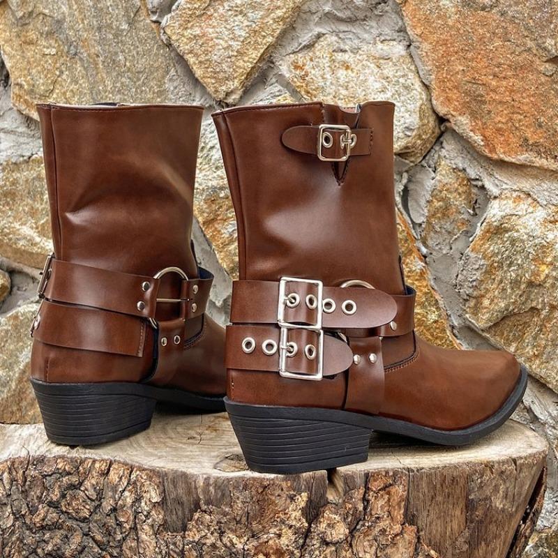 

Autumn and winter new Martin boots fashion pointed locomotive wind knight boots metal buckle square heel boots 41 темно-коричневого