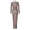 Summer Dress Women Leopard Print Mesh O Neck Long Sleeve Sexy See Through Maxi Fashion Outfits Beach Vacation Nightclub