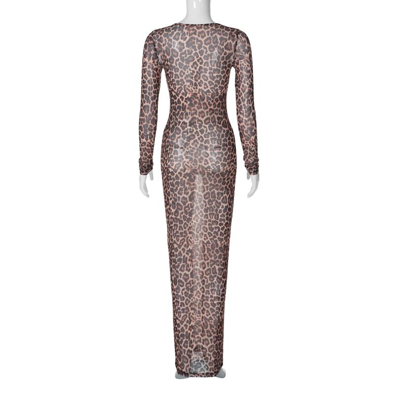 Summer Dress Women Leopard Print Mesh O Neck Long Sleeve Sexy See Through Maxi Fashion Outfits Beach Vacation Nightclub