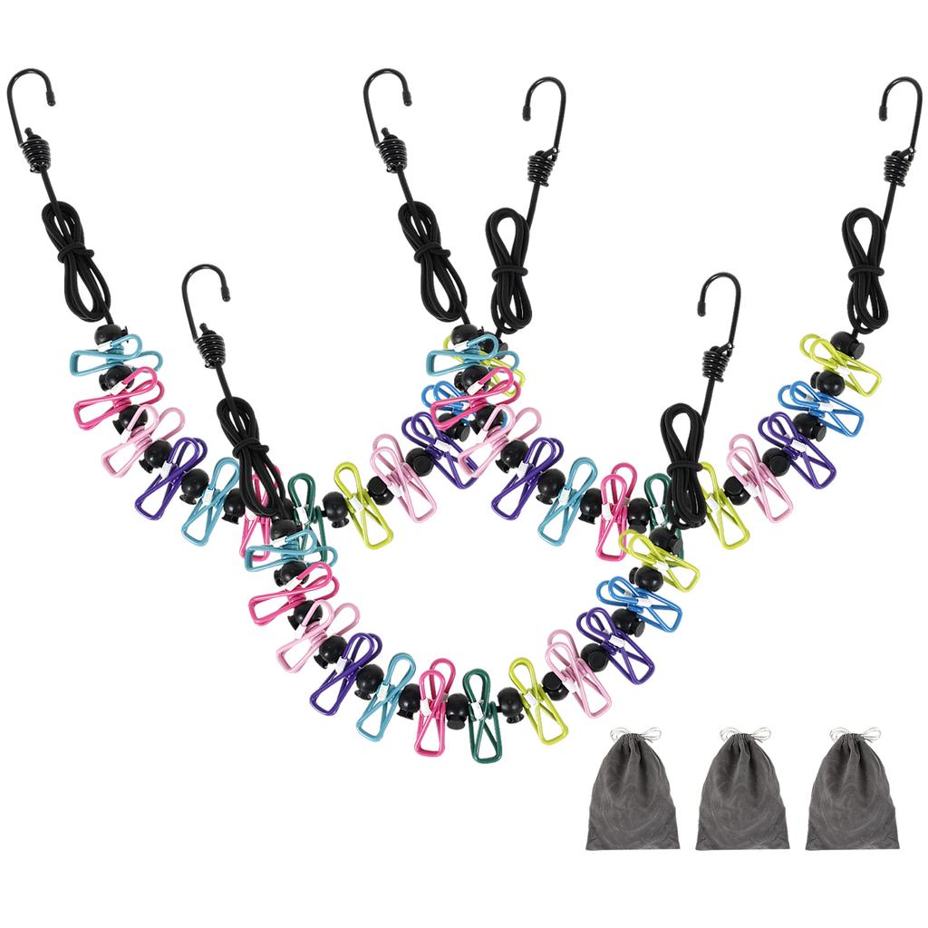 3 Pcs Originality Travel Washing Line with Colorful Clips Portable Elastic Windproof Travel Clothes Rope for Indoor and Outdoor