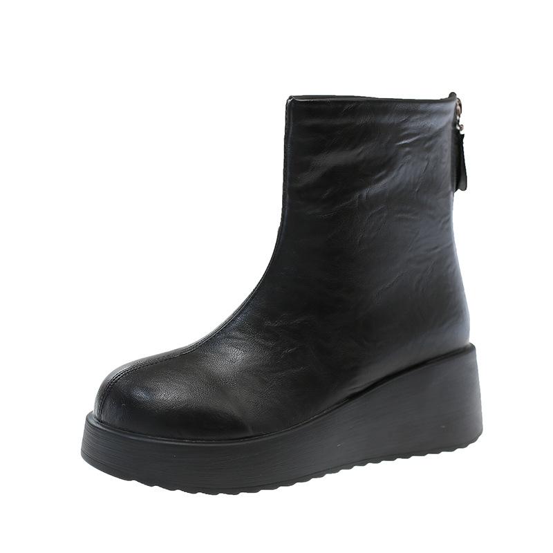 Nuevas Botas Cortas de Cuero Suave de Moda Retro Otoñales para Mujer, Punta Redonda, Suela Gruesa, Cómodas Botas para Mujer que Aumentan la Altura