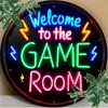 Hisun Blechschild Vintage Willkommen im Spielzimmer Neoneffekt Rundes Metallblechschild Retro Gamer Man Cave Wanddekoration Kunstplakette