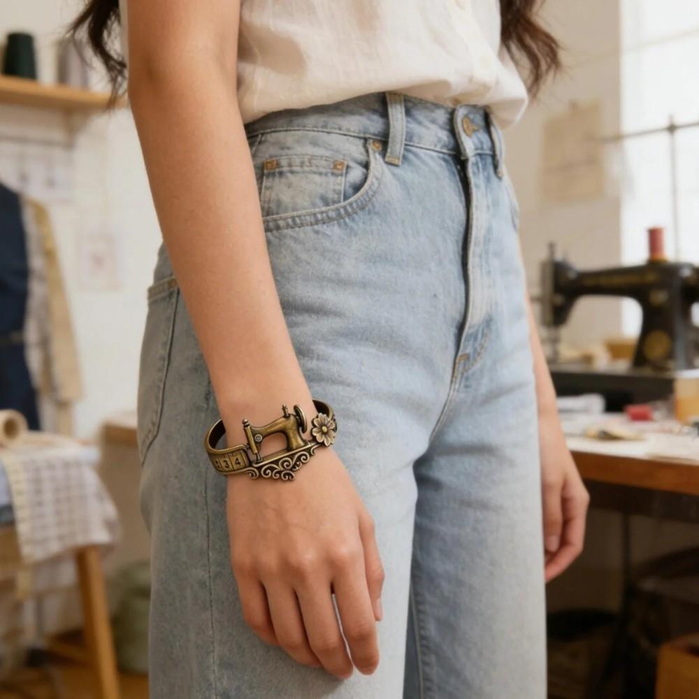 Adjustable Sewing Machine Themed Bracelet Alloy Sewing Lover's Bracelet Vintage Ring Set  for Women