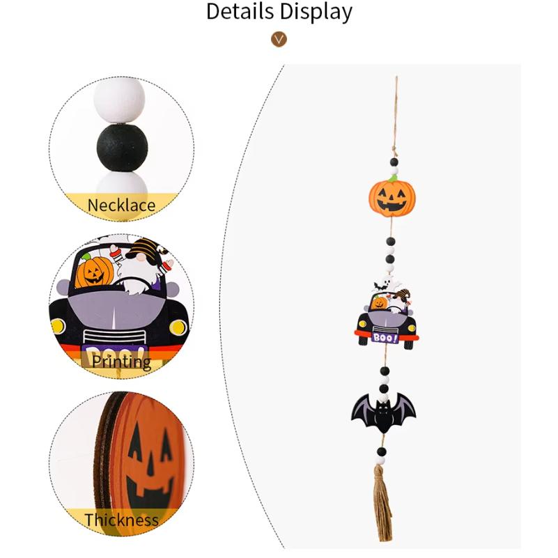 2024 Halloween Wooden Tassel Beads Pendant Gnome Pumpkin Bat Ghost wall Hanging Ornaments for Home Tiered Tray Decoration Props