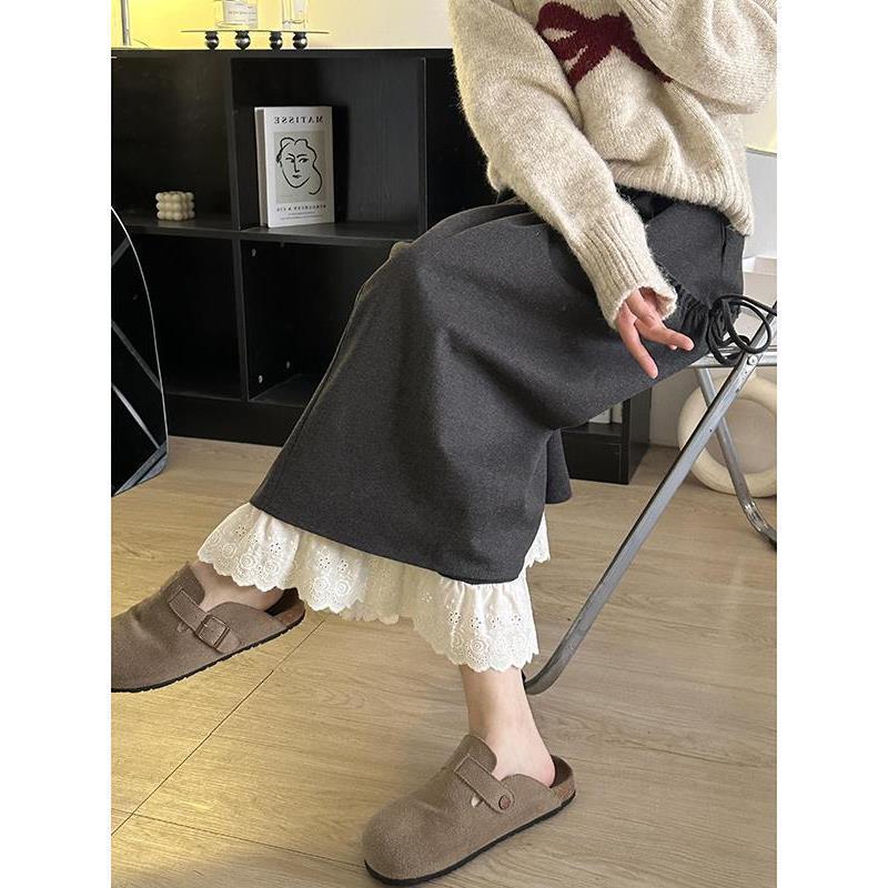 Korean-Style Sweet Lace Trim Patchwork Midi Skirt - Autumn/Winter A-line Retro High-Waist for Women