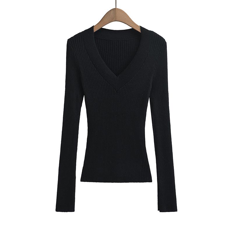 Spicy Girl Deep V-neck Slit Cuff Sweater: Women's 2024 Slimming Autumn Top