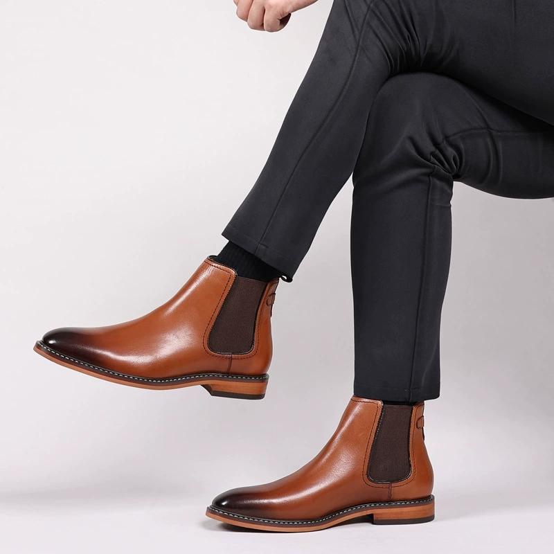 Fashion High Quality Men's Genuine Leather Chelsea Boots Top Layer Cowhide Lining Raw Rubber Sole Latex Slip-On Ankle Shoes