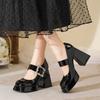 Round Head New Patent Leather Rhinestone with Thick High Heels Waterproof Table Mary Jane Single Shoes Women's Versatile