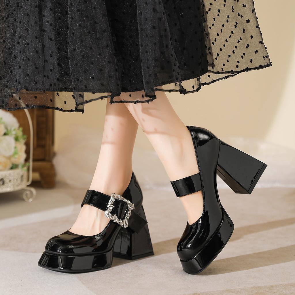 Round Head New Patent Leather Rhinestone with Thick High Heels Waterproof Table Mary Jane Single Shoes Women's Versatile