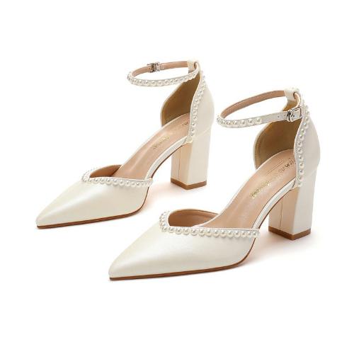 

Fashion Elegant White Bridal Shoes Pointed Toe High Heels Hollow Out Pearl Decor Chunky Heel Wedding Party Shoes 43 абрикосовый