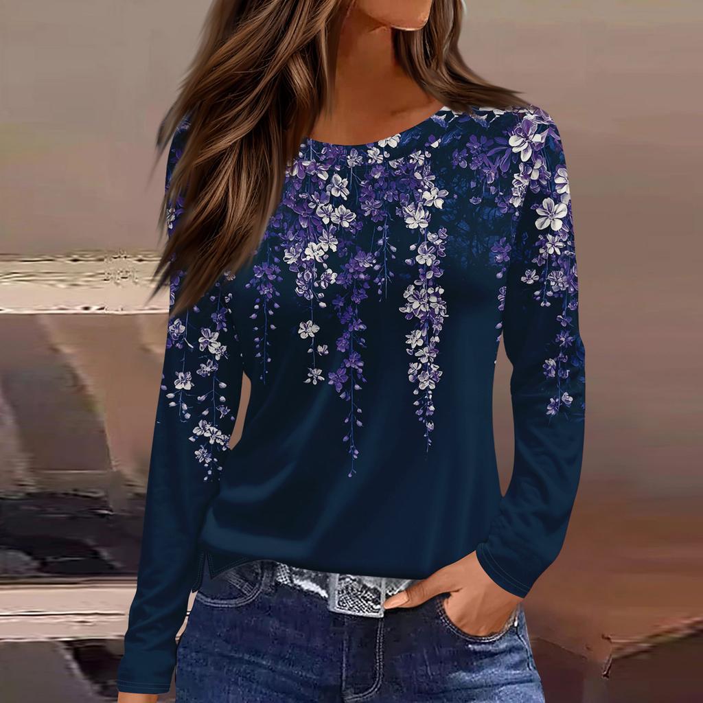 Women's Fashion Casual Slit Hem Round Neck Long Sleeve Loose Printed T-Shirt Ladies Top Christmas