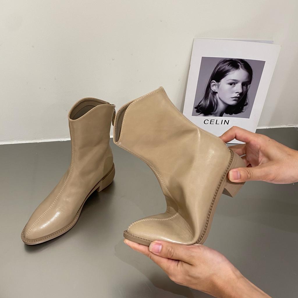 2024 Pointed Toe Women Soft Leather Ankle Boots Back Zipper Short Booties Retro Style Autumn Winter Female Boots D79