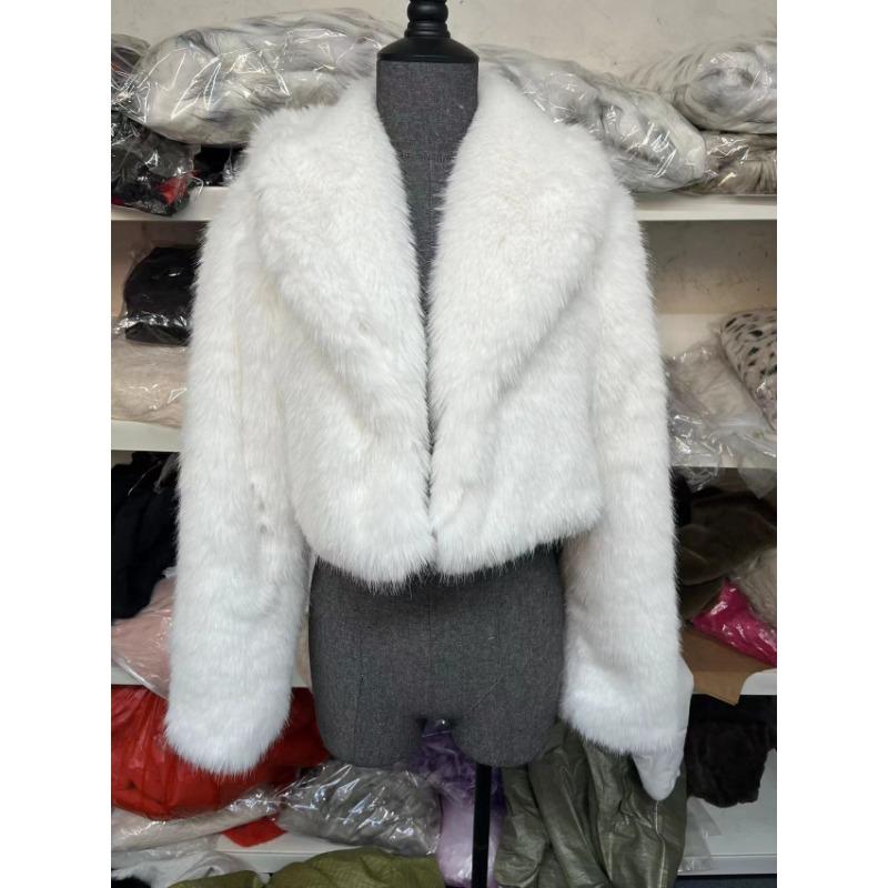

Women s Beige Faux Fur Cropped Coat Lapel Long Sleeve Warm Winter Jacket S білий