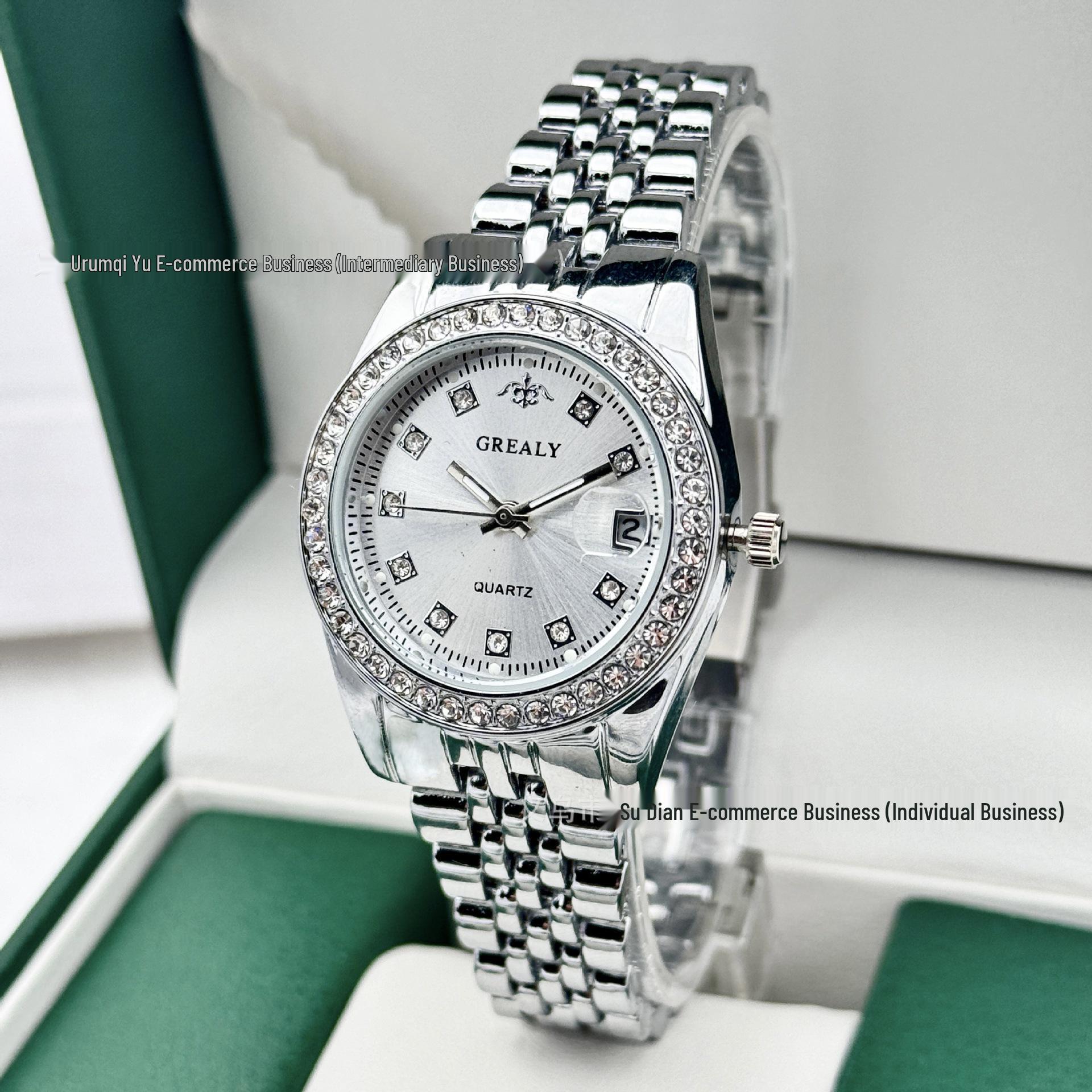 GREALY Высококачественные водонепроницаемые женские кварцевые часы с стальной пряжкой, безелем, инкрустированным бриллиантами, и функцией даты