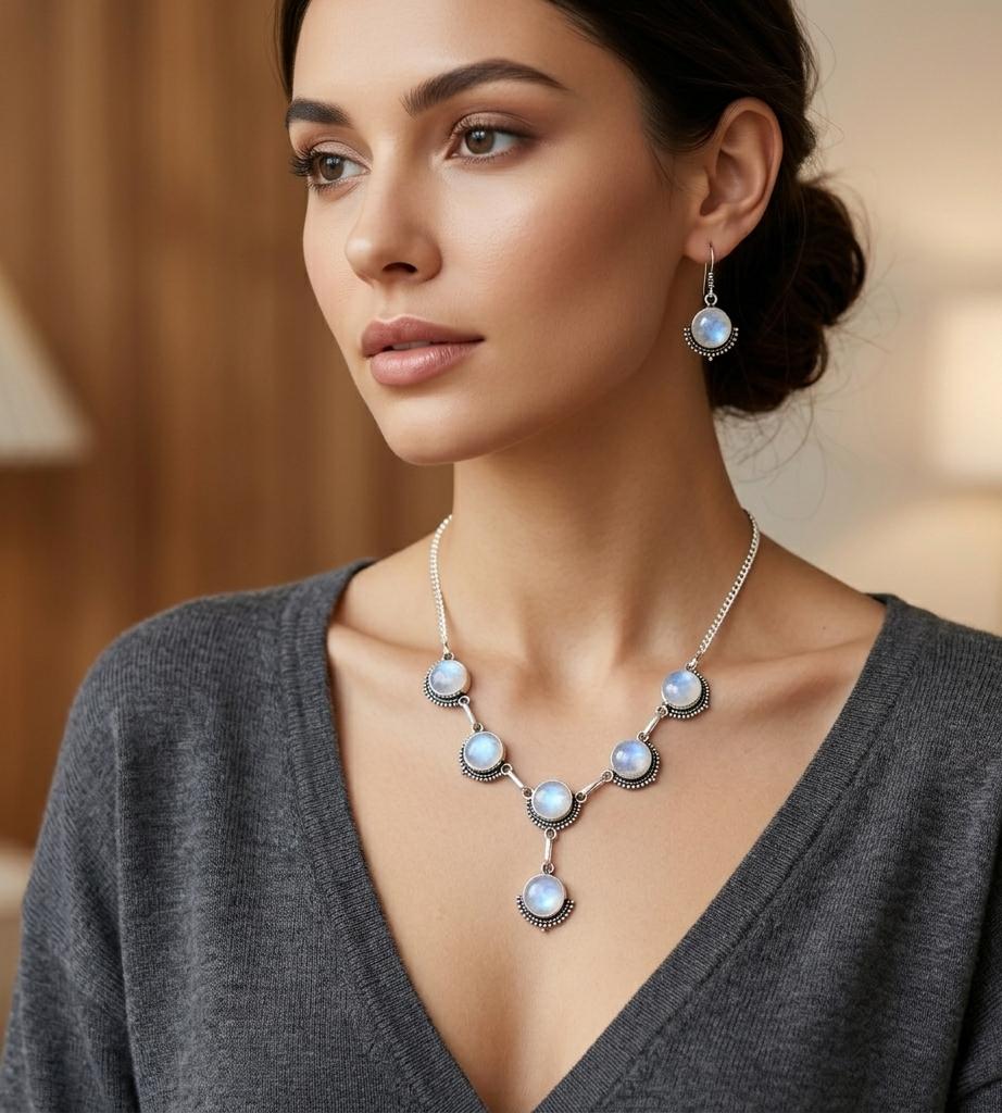 925 Sterling Silver Rainbow Moonstone Jewelry Set Elegant Round Gemstone Necklace & Drop Earrings for Women Boho Wedding Jewelry