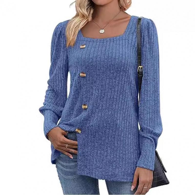2026 Women's Spring/Summer Casual Ribbed Square Neck Long Sleeve Slit Sweater Top