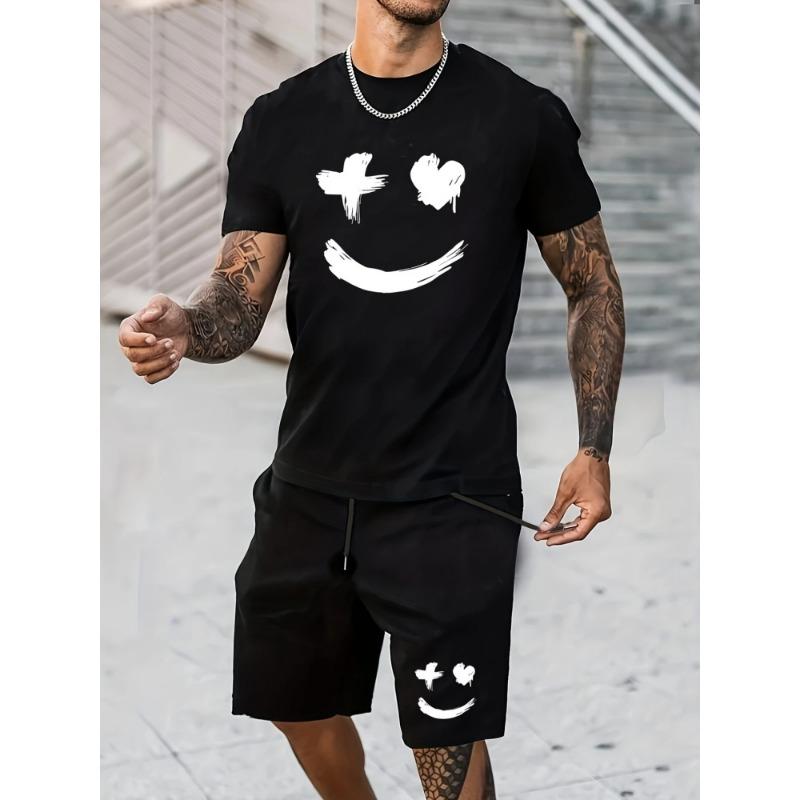 Herren Sommer Kurzarm Set Hip Hop Cartoon Bär Print Kurzarm Oberteil Shorts Lässig Zweiteilig Outdoor Urban Street Fashion