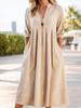 Spring New Women's Casual Loose Fashion Retro Cotton Linen 7/8 Sleeve V-Neck Pocket Dress