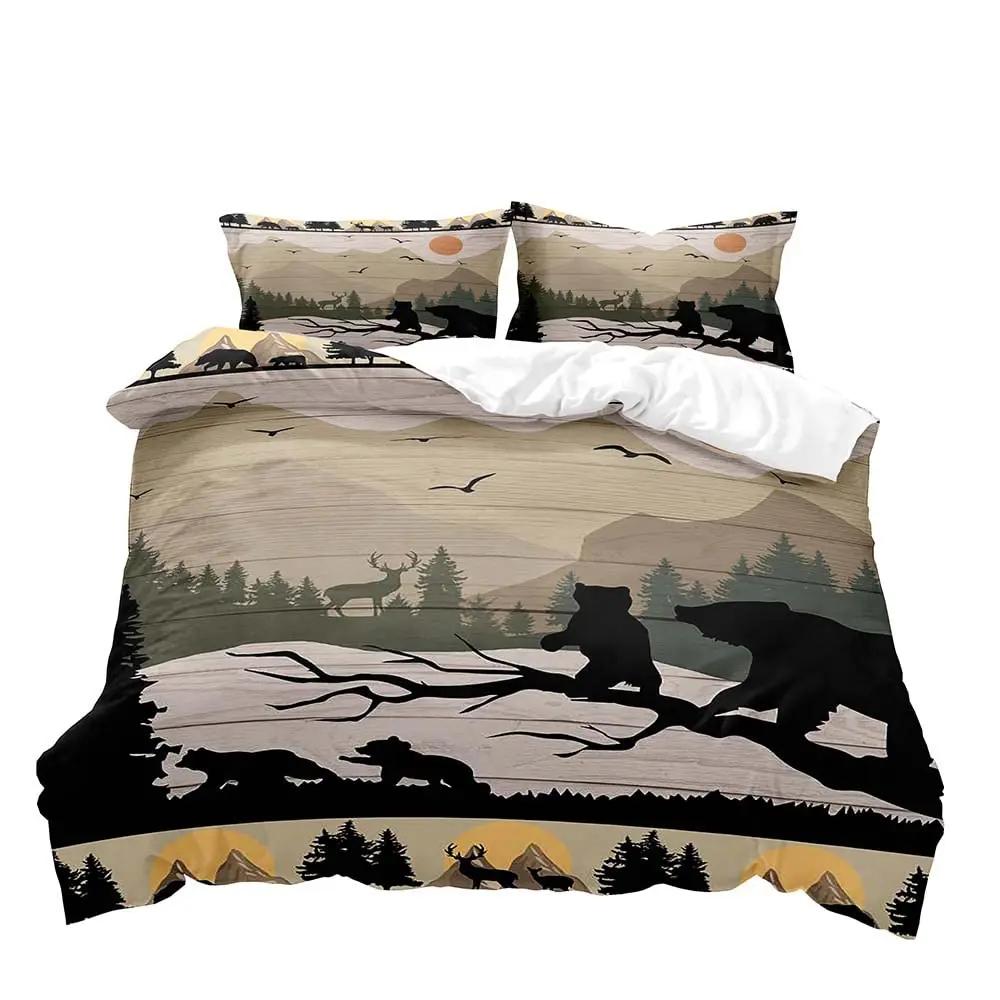 Elch Schwarzbär Bettbezug Queen Set, Wildtiere Hirsch Bettwäsche Set, Rustikales Schlafzimmer Dekor für Männer Freund Teenager Junge, 2 Kissenbezüge